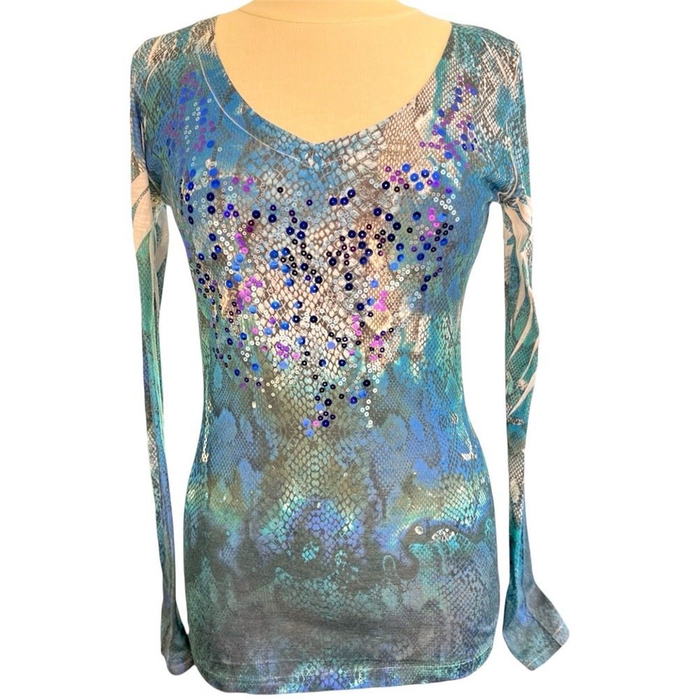 Vtg Y2K Daytrip X Buckle Sequin Bling Snakeskin Multicolor Top Medium Whimsigoth